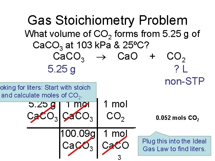 Gas Stoichiometry Problem What volume of CO 2 forms from 5. 25 g of