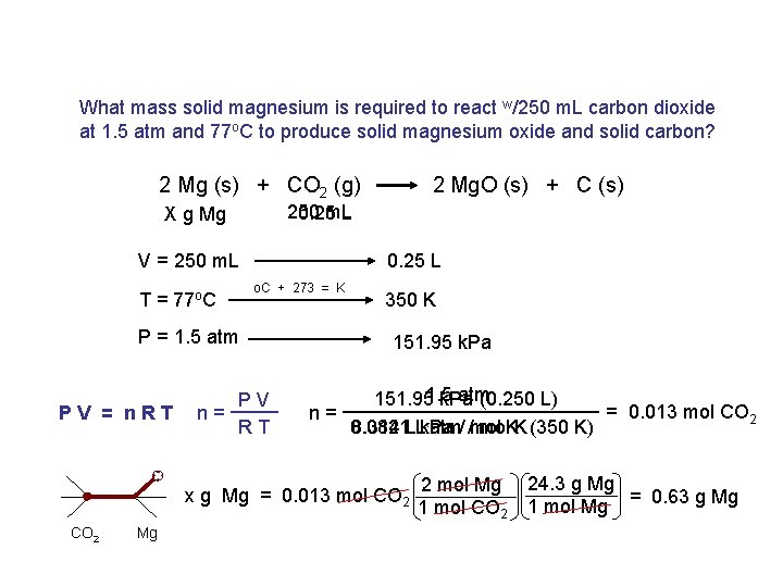 What mass solid magnesium is required to react w/250 m. L carbon dioxide at