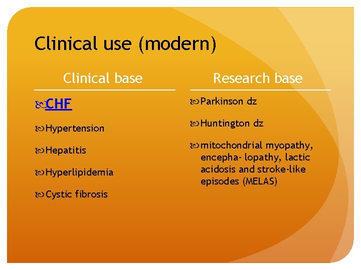 Clinical use (modern) Clinical base Research base CHF Parkinson dz Hypertension Huntington dz Hepatitis