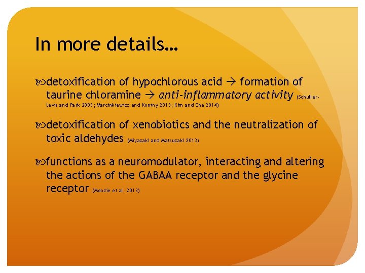 In more details… detoxification of hypochlorous acid formation of taurine chloramine anti-inflammatory activity (Schuller.