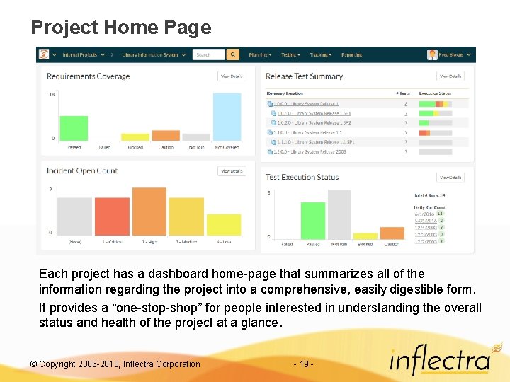 Project Home Page Each project has a dashboard home-page that summarizes all of the