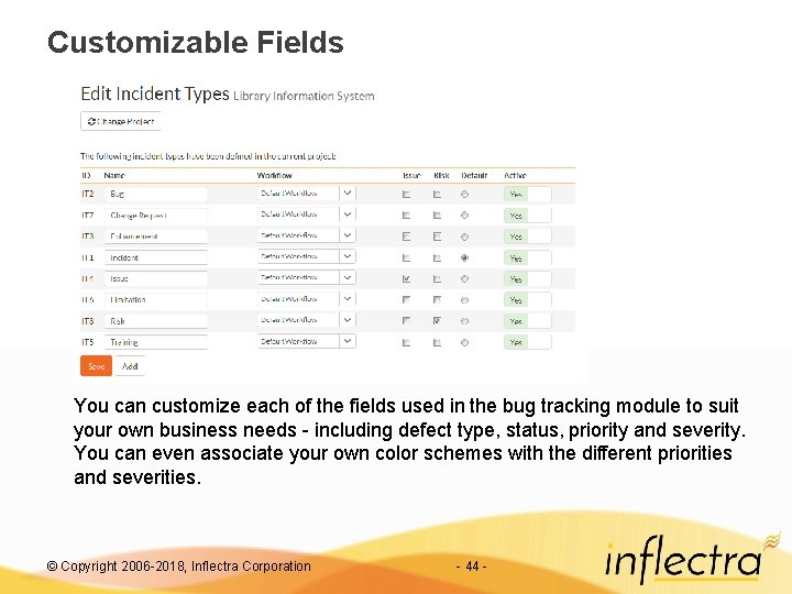 Customizable Fields You can customize each of the fields used in the bug tracking