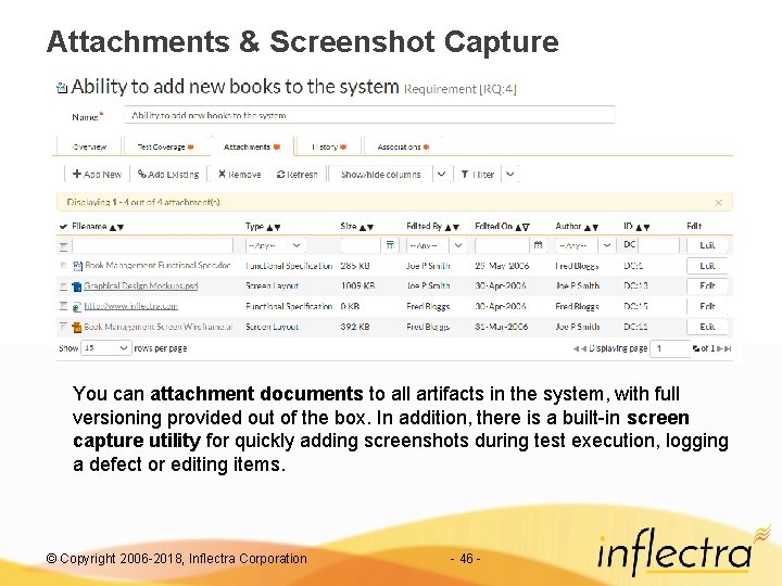 Attachments & Screenshot Capture You can attachment documents to all artifacts in the system,