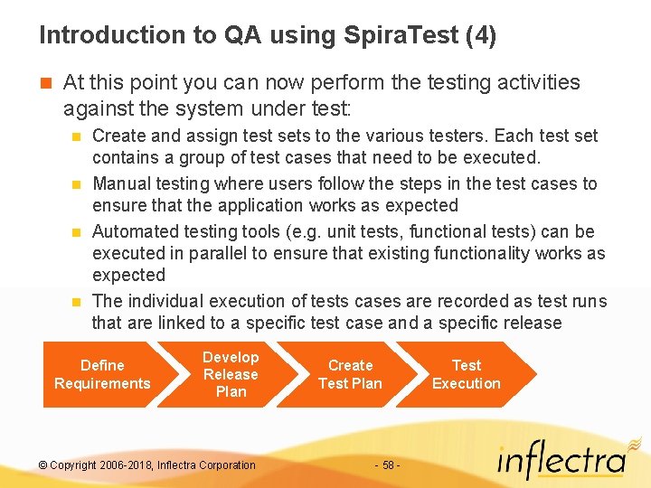 Introduction to QA using Spira. Test (4) n At this point you can now