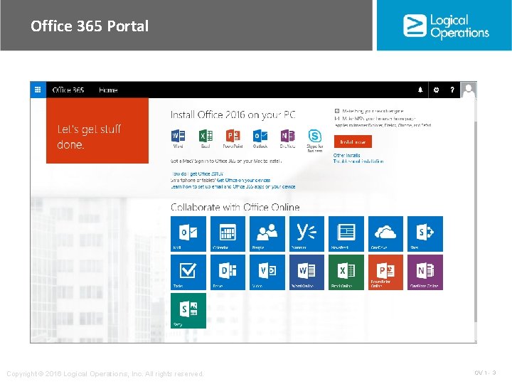 Office 365 Portal Copyright © 2016 Logical Operations, Inc. All rights reserved. OV 1 Office 365 Portal Copyright © 2016 Logical Operations, Inc. All rights reserved. OV 1