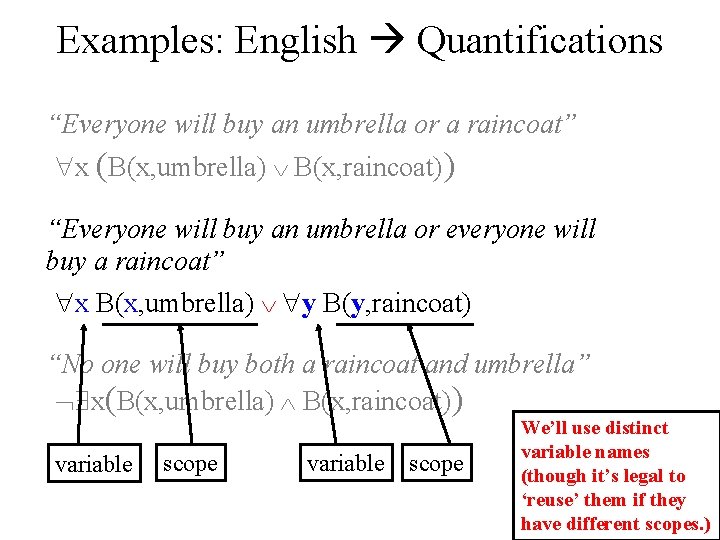 Examples: English Quantifications “Everyone will buy an umbrella or a raincoat” x (B(x, umbrella)