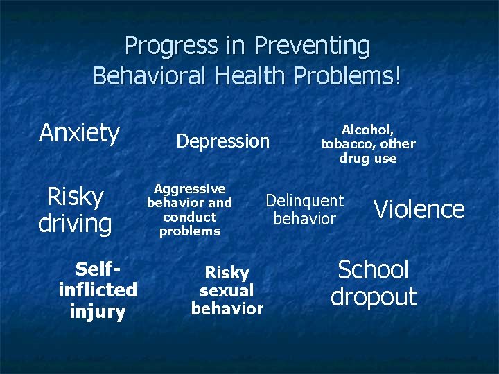 Progress in Preventing Behavioral Health Problems! Anxiety Risky driving Selfinflicted injury Depression Aggressive behavior