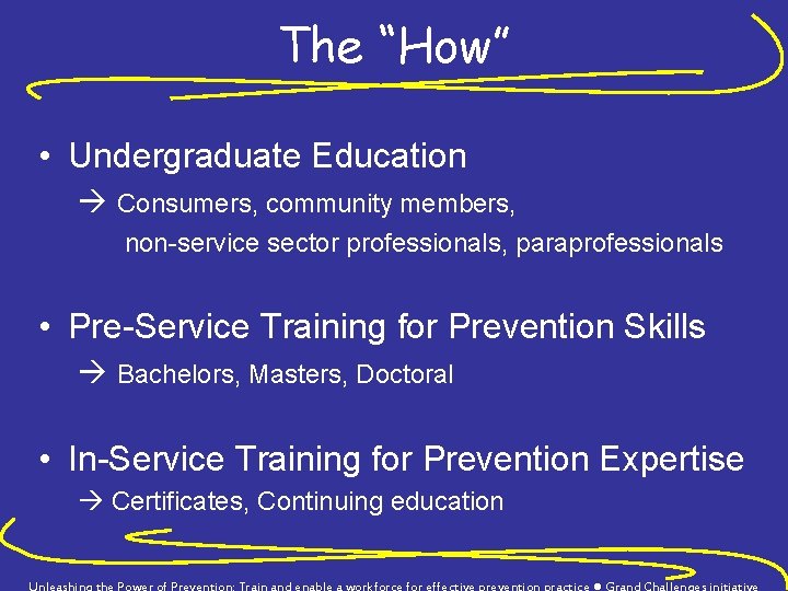 The “How” • Undergraduate Education à Consumers, community members, non-service sector professionals, paraprofessionals •