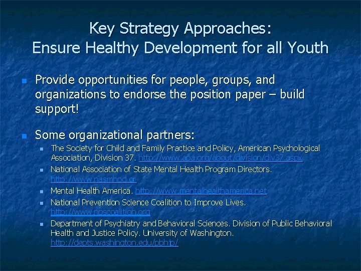 Key Strategy Approaches: Ensure Healthy Development for all Youth Provide opportunities for people, groups,