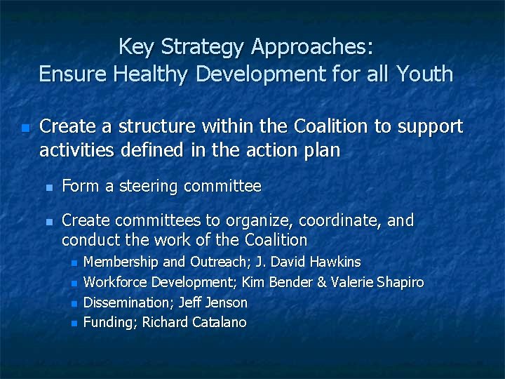 Key Strategy Approaches: Ensure Healthy Development for all Youth Create a structure within the