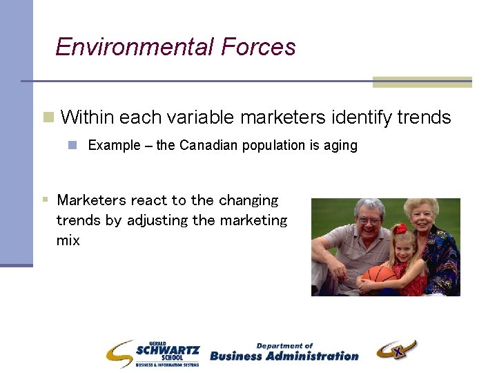 Environmental Forces n Within each variable marketers identify trends n Example – the Canadian