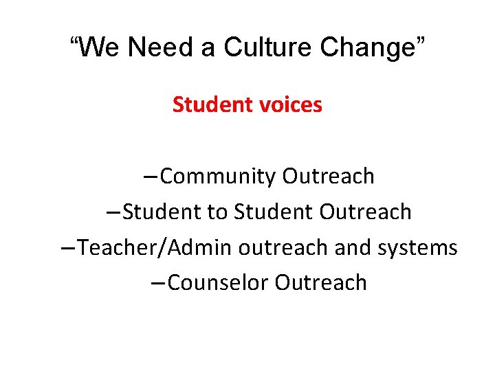 “We Need a Culture Change” Student voices – Community Outreach – Student to Student