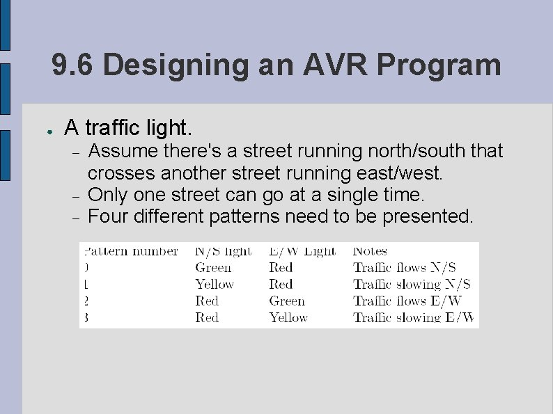 9. 6 Designing an AVR Program ● A traffic light. Assume there's a street