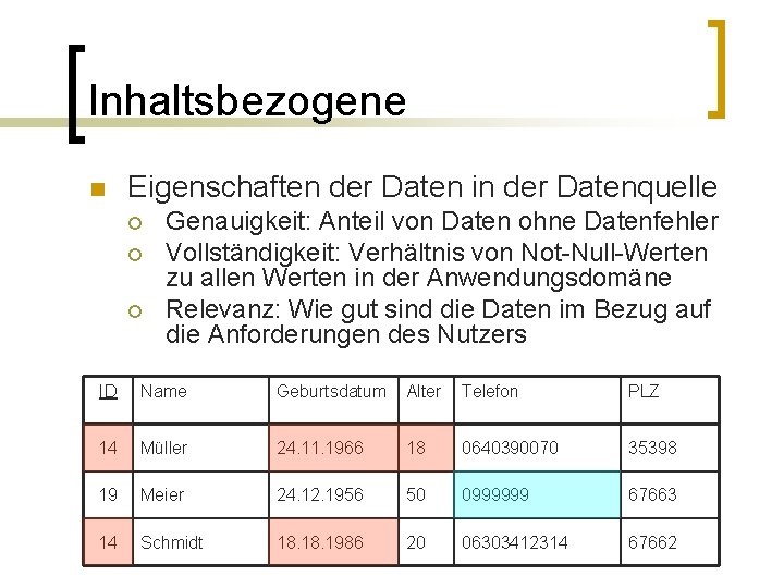 Inhaltsbezogene n Eigenschaften der Daten in der Datenquelle ¡ ¡ ¡ Genauigkeit: Anteil von