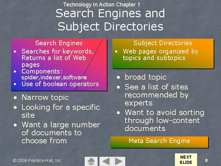 Technology In Action Chapter 1 Search Engines and Subject Directories Search Engines • Searches