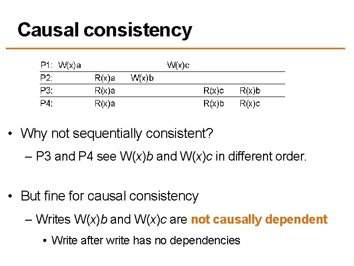 Causal consistency • Why not sequentially consistent? – P 3 and P 4 see