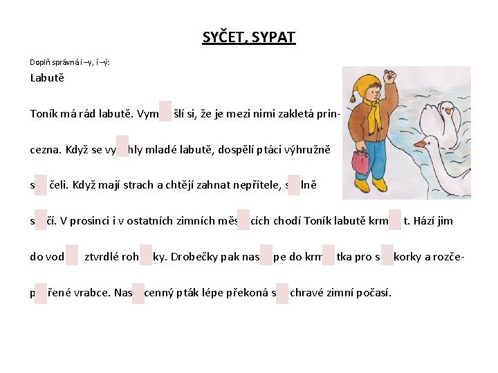 SYČET, SYPAT Doplň správná i –y, í –ý: Labutě Toník má rád labutě. Vym