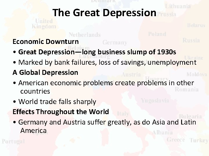 The Great Depression Economic Downturn • Great Depression—long business slump of 1930 s •