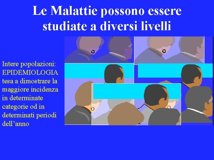 Le Malattie possono essere studiate a diversi livelli Intere popolazioni: EPIDEMIOLOGIA tesa a dimostrare