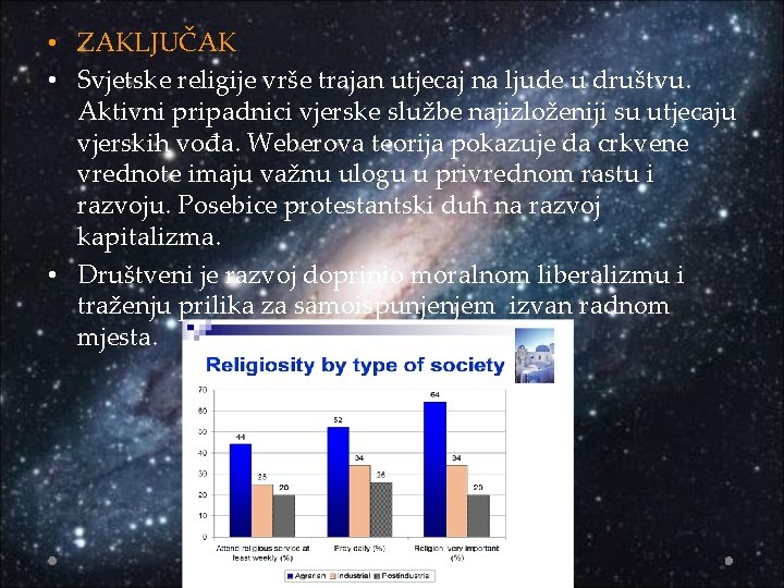  • ZAKLJUČAK • Svjetske religije vrše trajan utjecaj na ljude u društvu. Aktivni