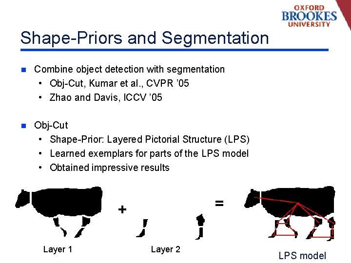 Shape-Priors and Segmentation n Combine object detection with segmentation • Obj-Cut, Kumar et al.