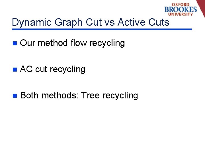 Dynamic Graph Cut vs Active Cuts n Our method flow recycling n AC cut