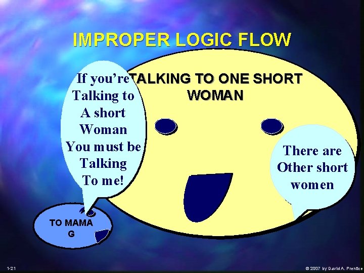 IMPROPER LOGIC FLOW If you’re. TALKING TO ONE SHORT Talking to WOMAN A short
