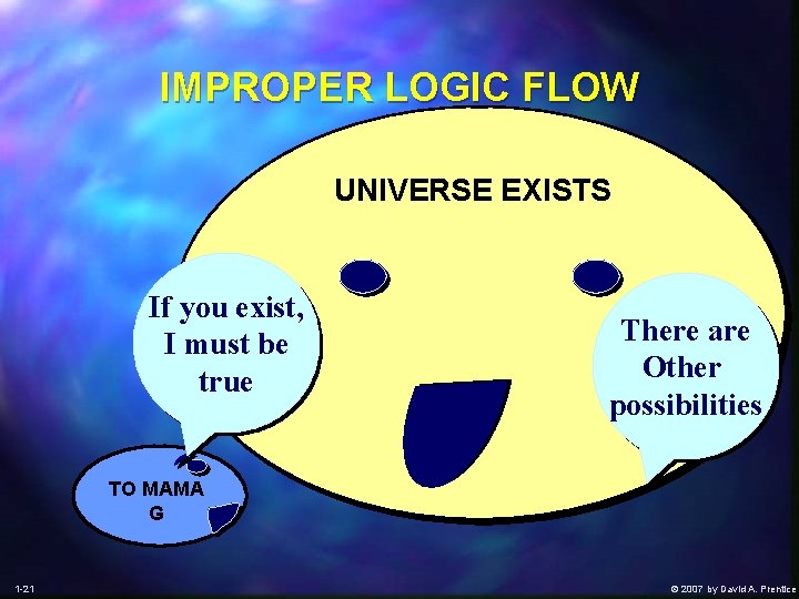 IMPROPER LOGIC FLOW UNIVERSE EXISTS If you exist, I must be true There are