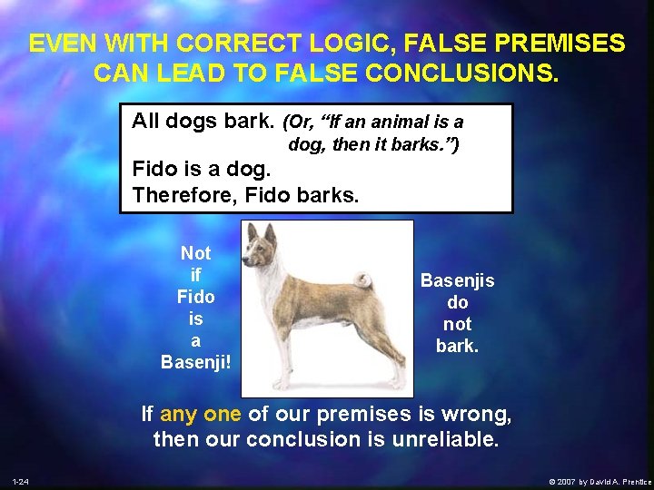 EVEN WITH CORRECT LOGIC, FALSE PREMISES CAN LEAD TO FALSE CONCLUSIONS. All dogs bark.