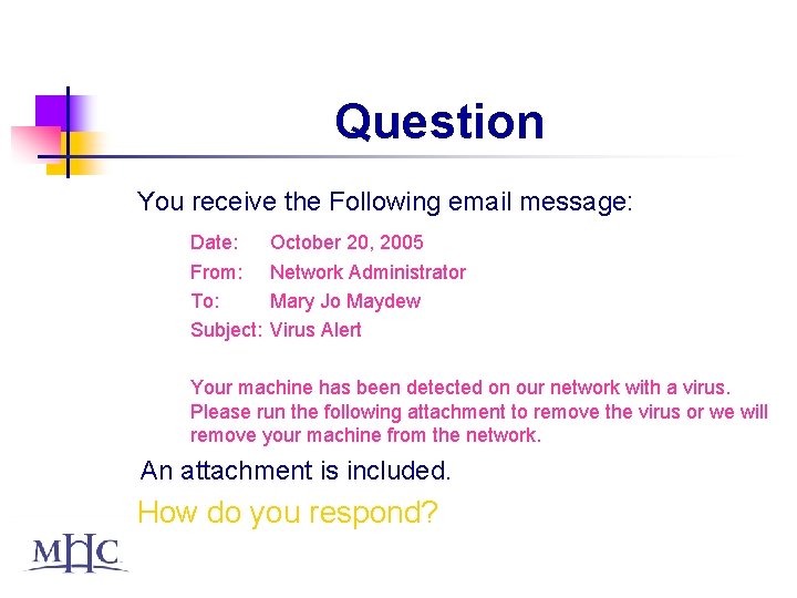 Question You receive the Following email message: Date: October 20, 2005 From: Network Administrator