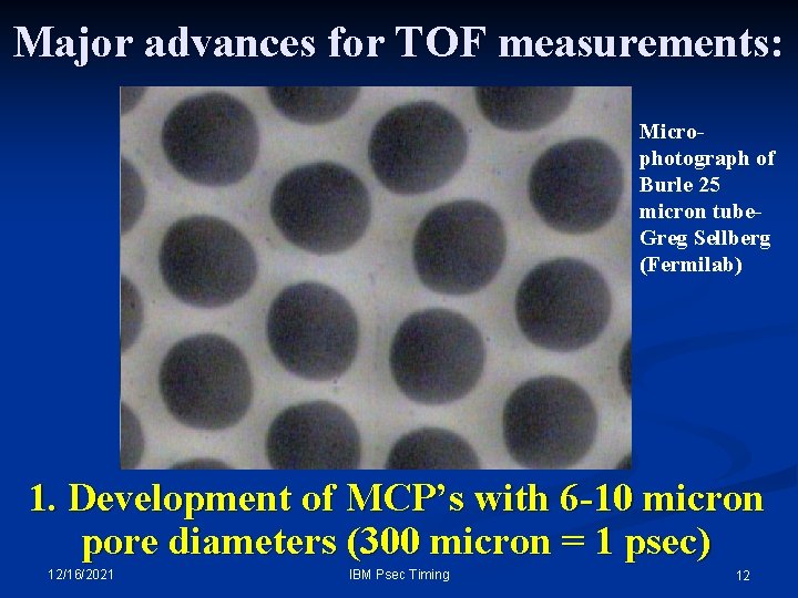Major advances for TOF measurements: Microphotograph of Burle 25 micron tube. Greg Sellberg (Fermilab) Major advances for TOF measurements: Microphotograph of Burle 25 micron tube. Greg Sellberg (Fermilab)