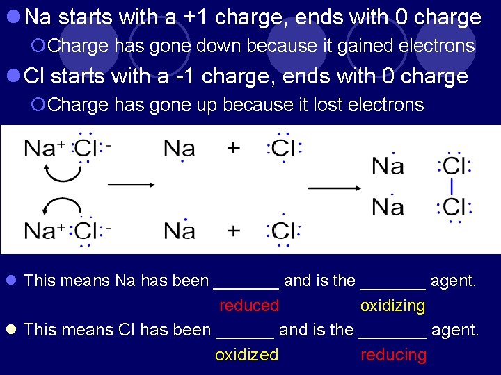 l Na starts with a +1 charge, ends with 0 charge ¡Charge has gone