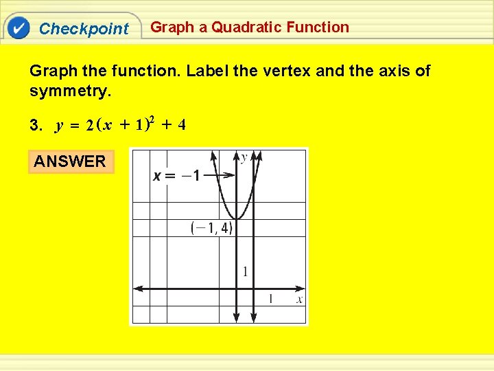 Checkpoint Graph a Quadratic Function Graph the function. Label the vertex and the axis