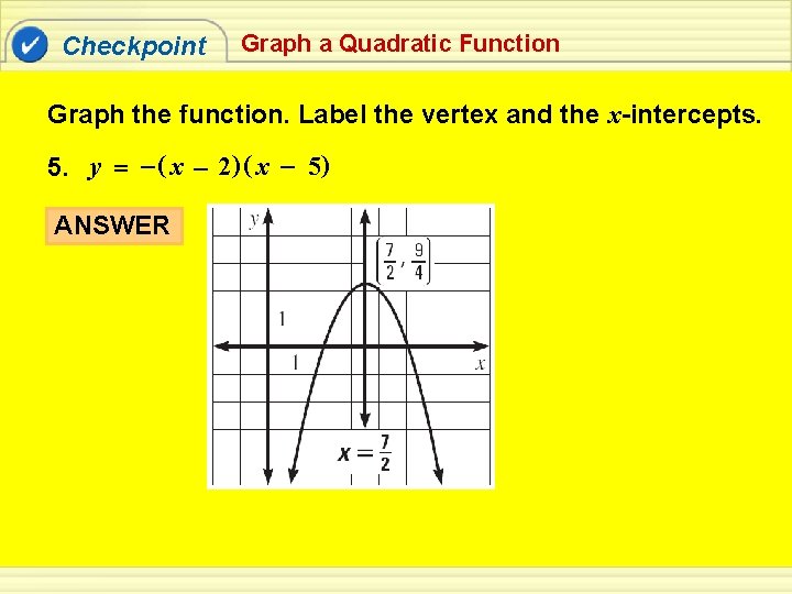 Checkpoint Graph a Quadratic Function Graph the function. Label the vertex and the x-intercepts.