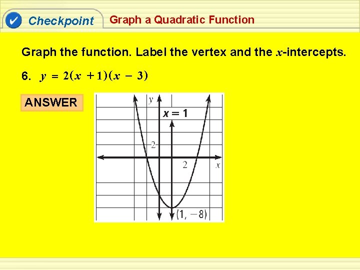 Checkpoint Graph a Quadratic Function Graph the function. Label the vertex and the x-intercepts.