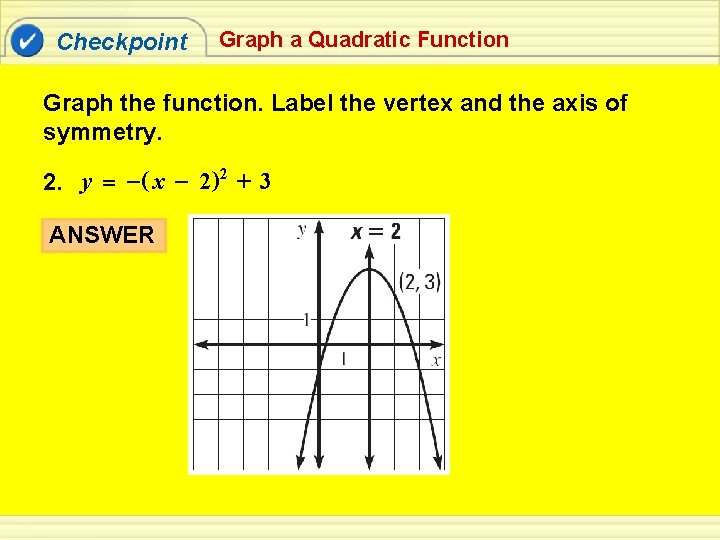 Checkpoint Graph a Quadratic Function Graph the function. Label the vertex and the axis