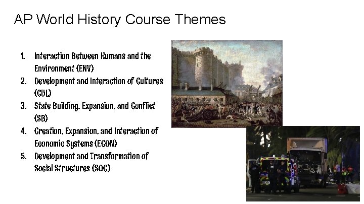 AP World History Course Themes 1. Interaction Between Humans and the Environment (ENV) 2.