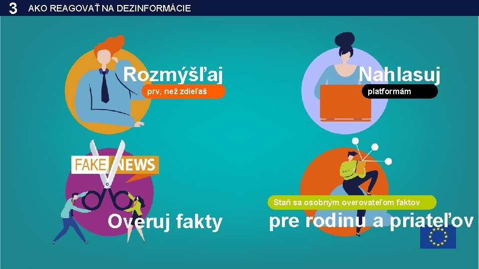 3 AKO REAGOVAŤ NA DEZINFORMÁCIE Rozmýšľaj prv, než zdieľaš Nahlasuj platformám Staň sa osobným