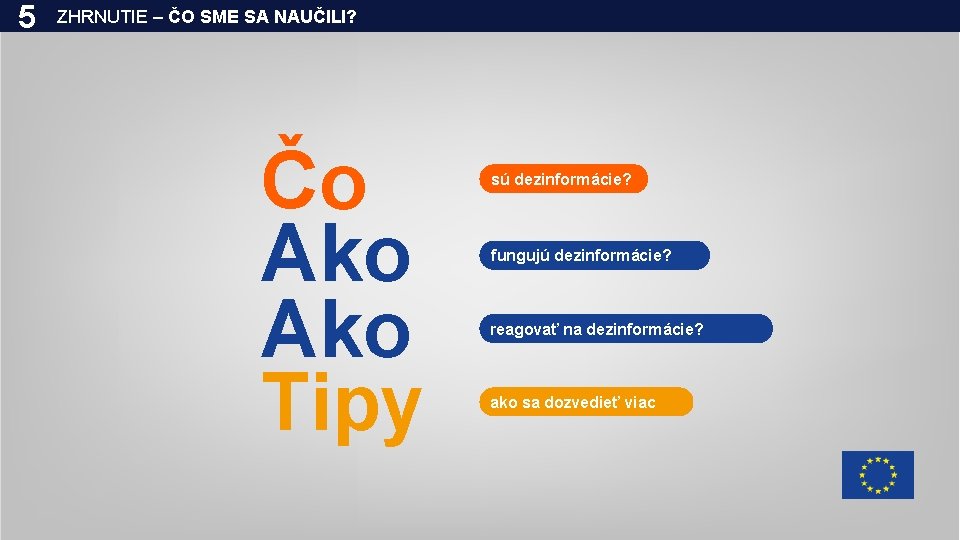 5 ZHRNUTIE – ČO SME SA NAUČILI? Čo Ako Tipy sú dezinformácie? fungujú dezinformácie?