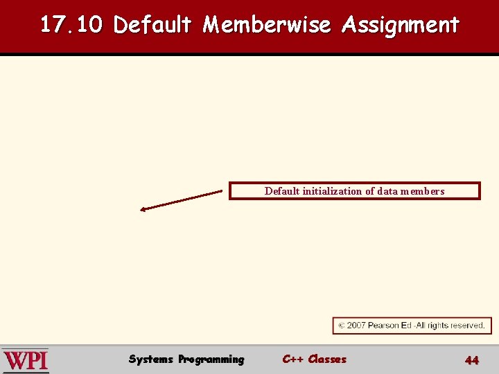 17. 10 Default Memberwise Assignment Default initialization of data members Systems Programming C++ Classes