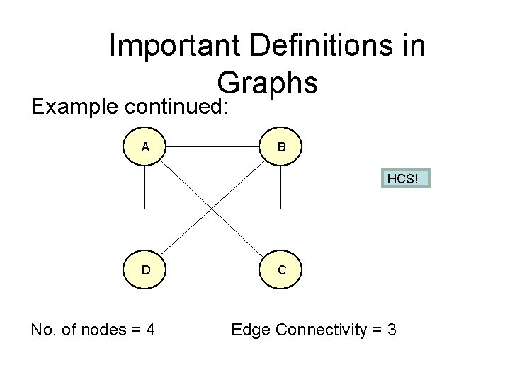 Important Definitions in Graphs Example continued: A B HCS! D No. of nodes =