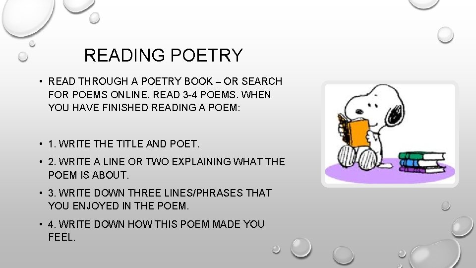 READING POETRY • READ THROUGH A POETRY BOOK – OR SEARCH FOR POEMS ONLINE.