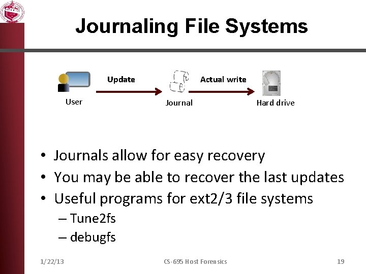 Journaling File Systems Update User Actual write Journal Hard drive • Journals allow for