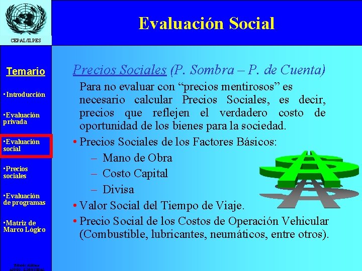 Evaluación Social CEPAL/ILPES Temario • Introducción • Evaluación privada • Evaluación social • Precios