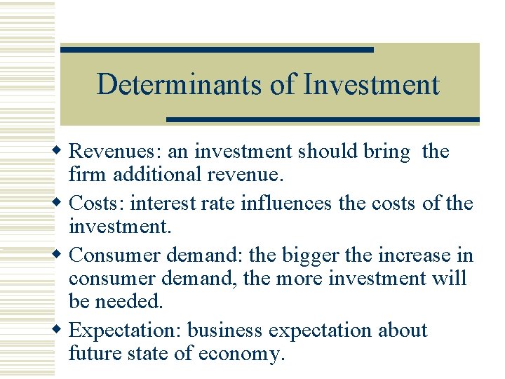 Determinants of Investment Revenues: an investment should bring the firm additional revenue. Costs: interest