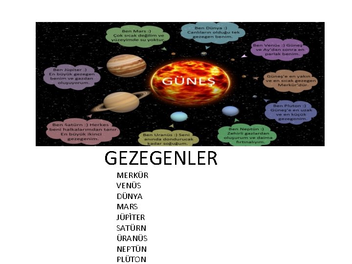 GEZEGENLER MERKÜR VENÜS DÜNYA MARS JÜPİTER SATÜRN ÜRANÜS NEPTÜN PLÜTON 