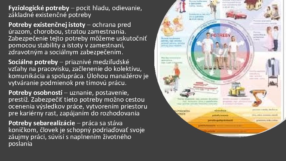 Fyziologické potreby – pocit hladu, odievanie, základné existenčné potreby Potreby existenčnej istoty – ochrana