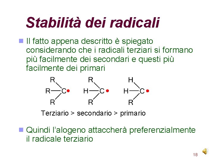 Stabilità dei radicali Il fatto appena descritto è spiegato considerando che i radicali terziari