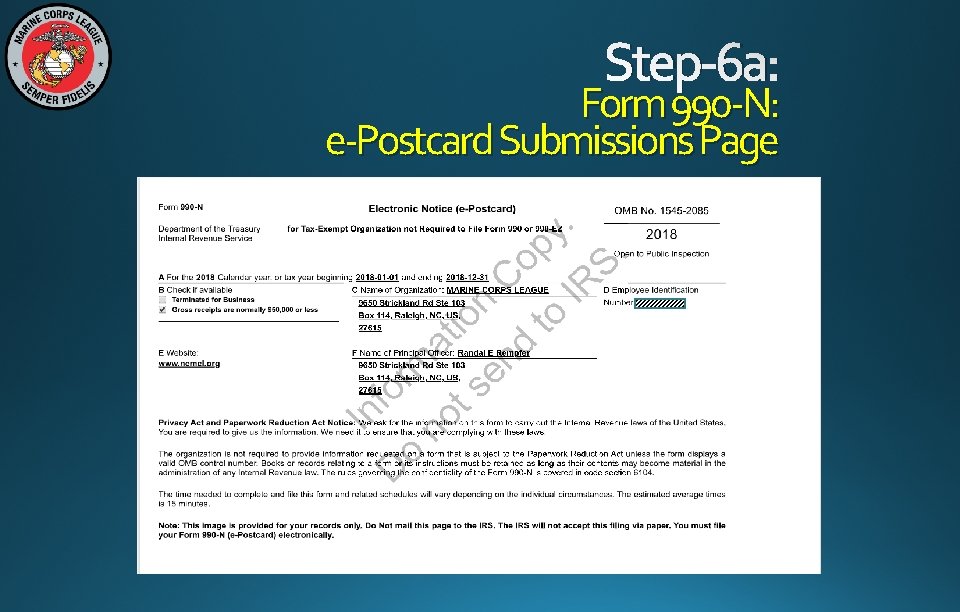 Step-6 a: Form 990 -N: e-Postcard Submissions Page 