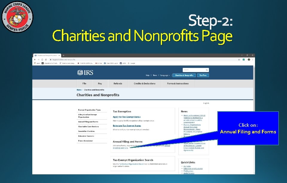 Step-2: Charities and Nonprofits Page Click on: Annual Filing and Forms 